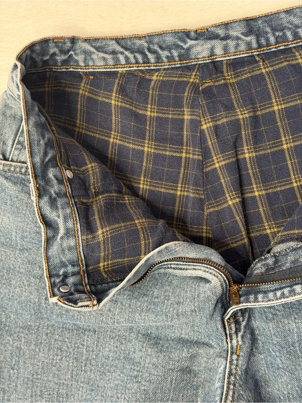 Wrangler Light Blue Denim Jeans with‎ Navy Plaid Cuff
